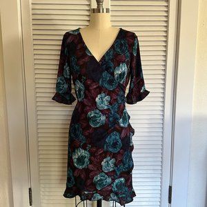 VINTAGE 90s/Y2K ALYN PAIGE MAROON/BLUE FLORAL STRETCH FAUX WRAP DRESS. SZ 9/10